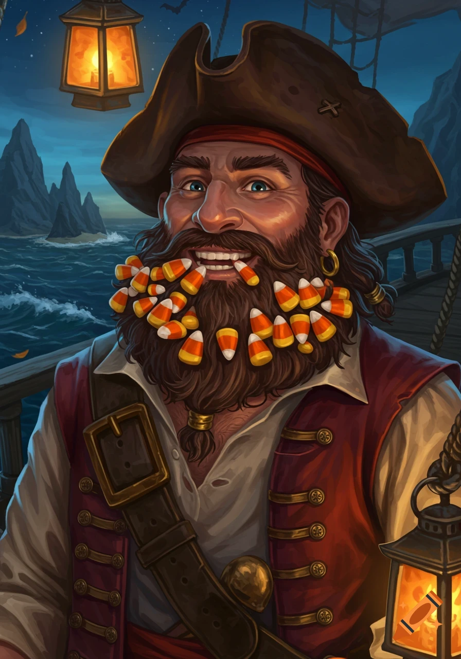 A smiling pirate with a beard full of candy corn, holding a lantern on a ship's deck at night in a cartoon style.