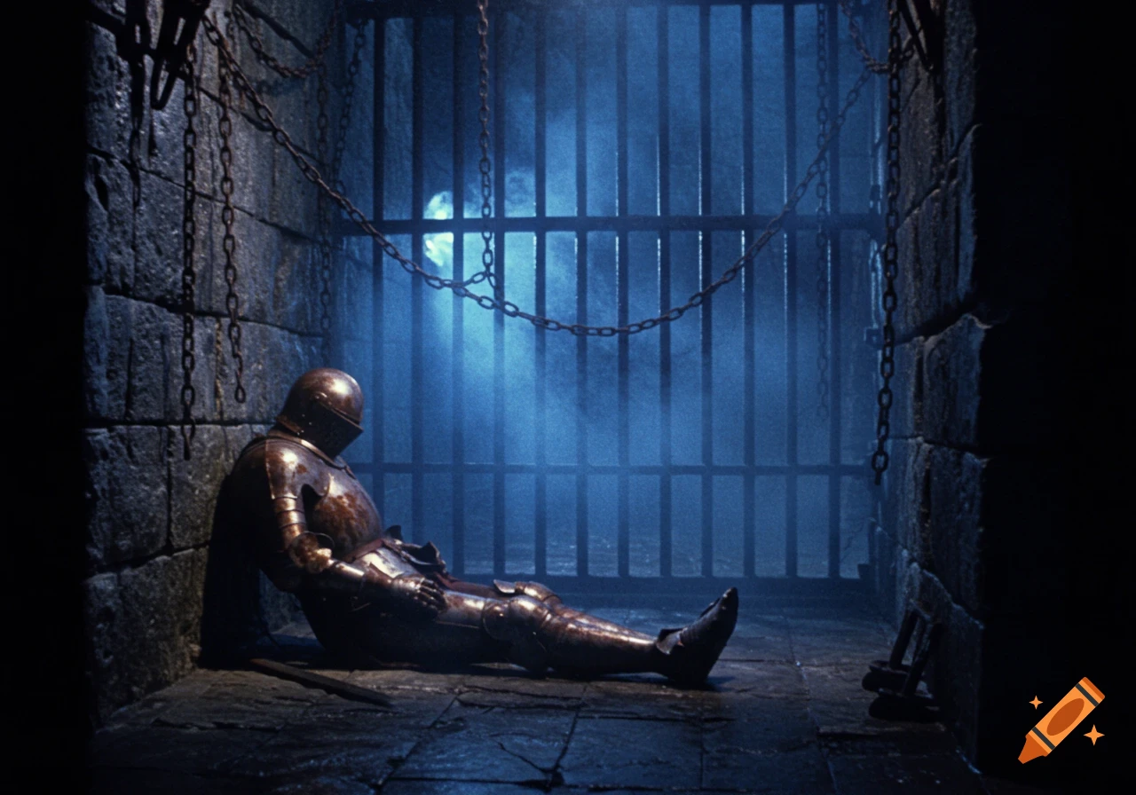 A lone knight in rusted armor slumps in a damp, dark dungeon cell with chains on the wall, lit by faint blue light and fog. VHS style.
