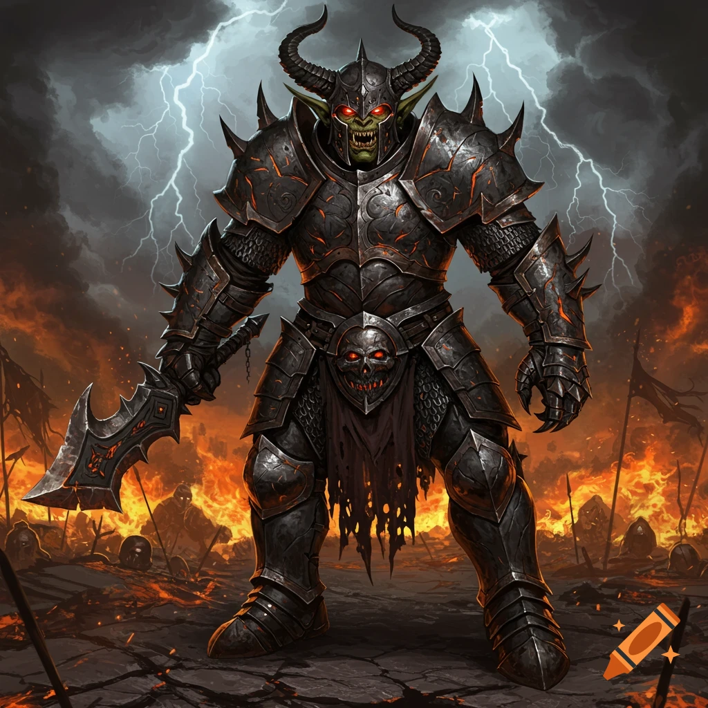 An armored dark fantasy goblinoid warrior with red eyes and horns stands on a fiery battlefield with lightning, holding a jagged sword.