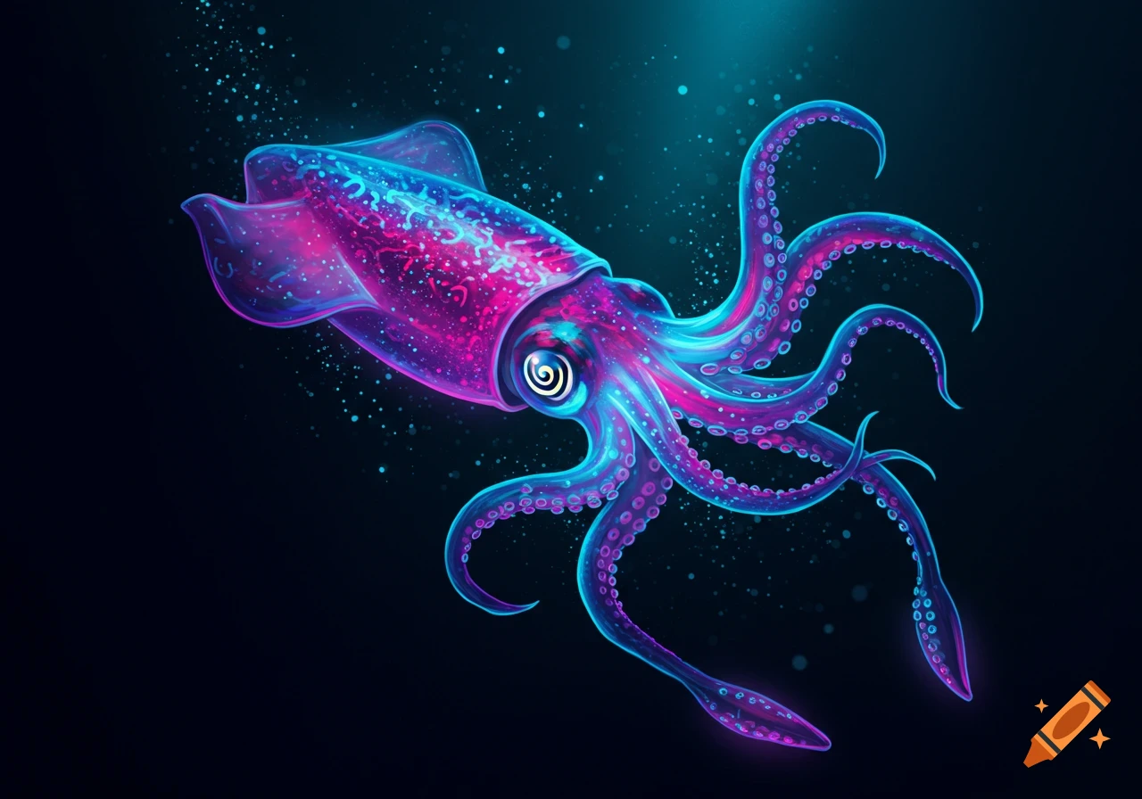 A vibrant, glowing electric squid with neon pink and blue colors floats in dark water, surrounded by sparkling light particles.