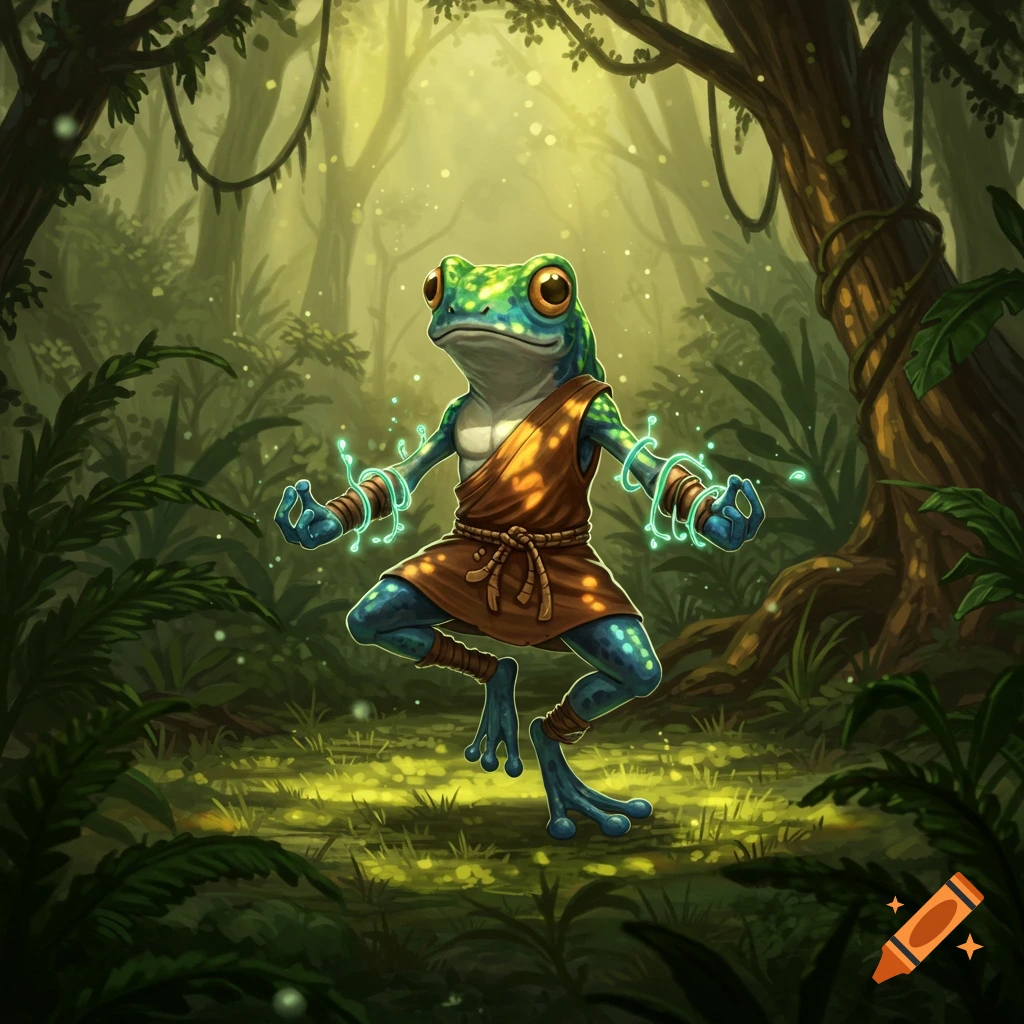 A blue and green Grung monk with glowing green energy around its wrists meditates in a lush, sunlit jungle.