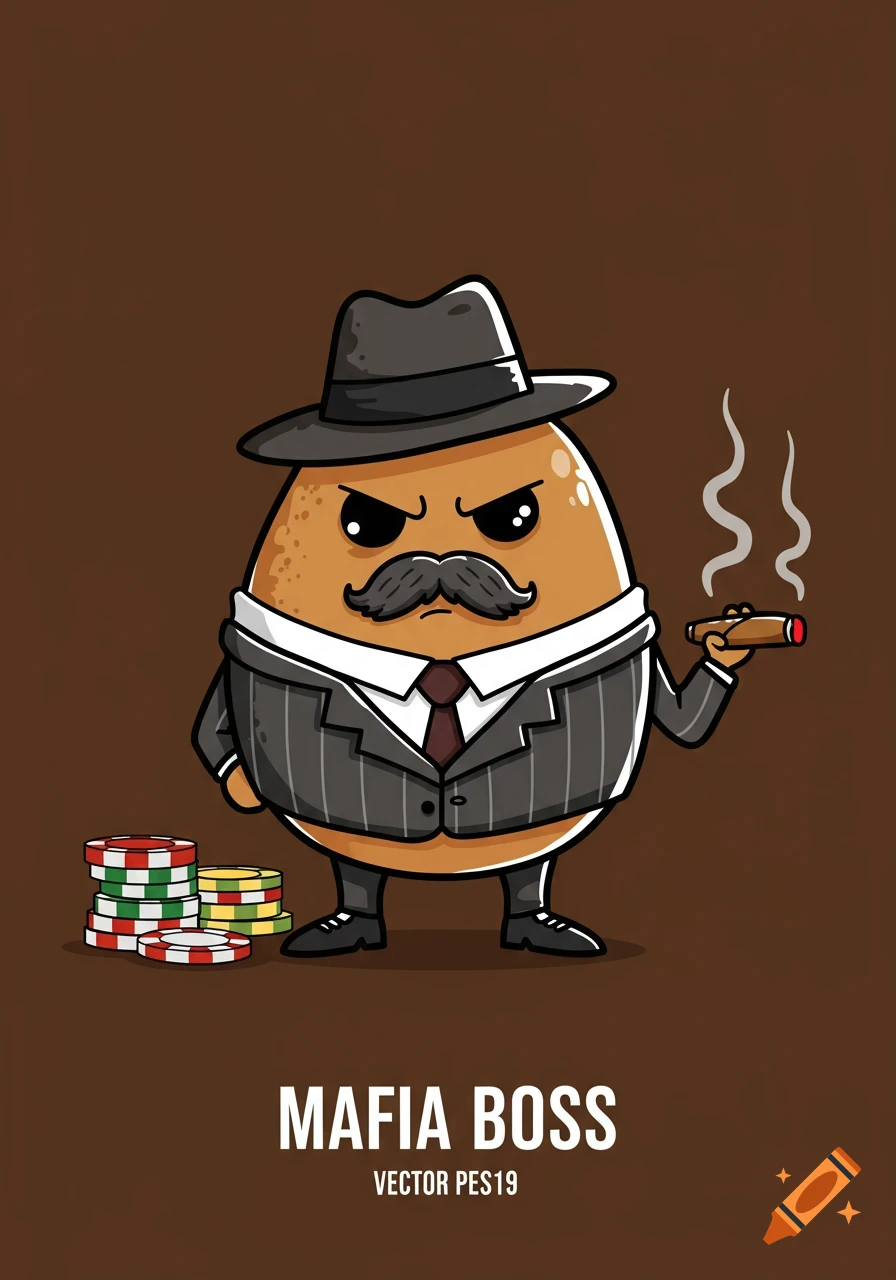 Cartoon potato in a pinstripe suit and fedora, smoking a cigar, with poker chips, against a brown background.