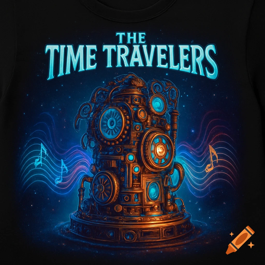 Black t-shirt design with a glowing blue and bronze steampunk time machine, surrounded by musical notes and stars. Text: 'THE TIME TRAVELERS'.