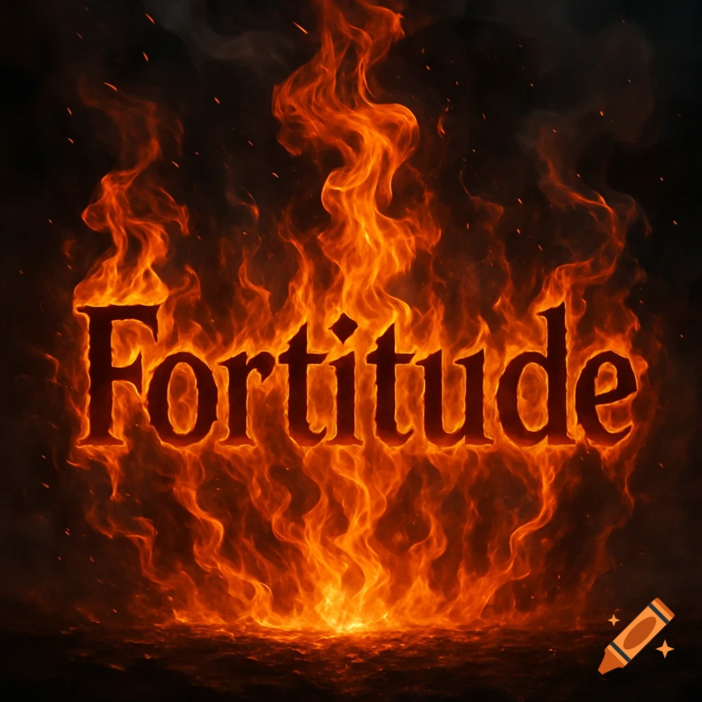 The word Fortitude is ablaze with bright orange and red flames against a dark, smoky background, with sparks rising.