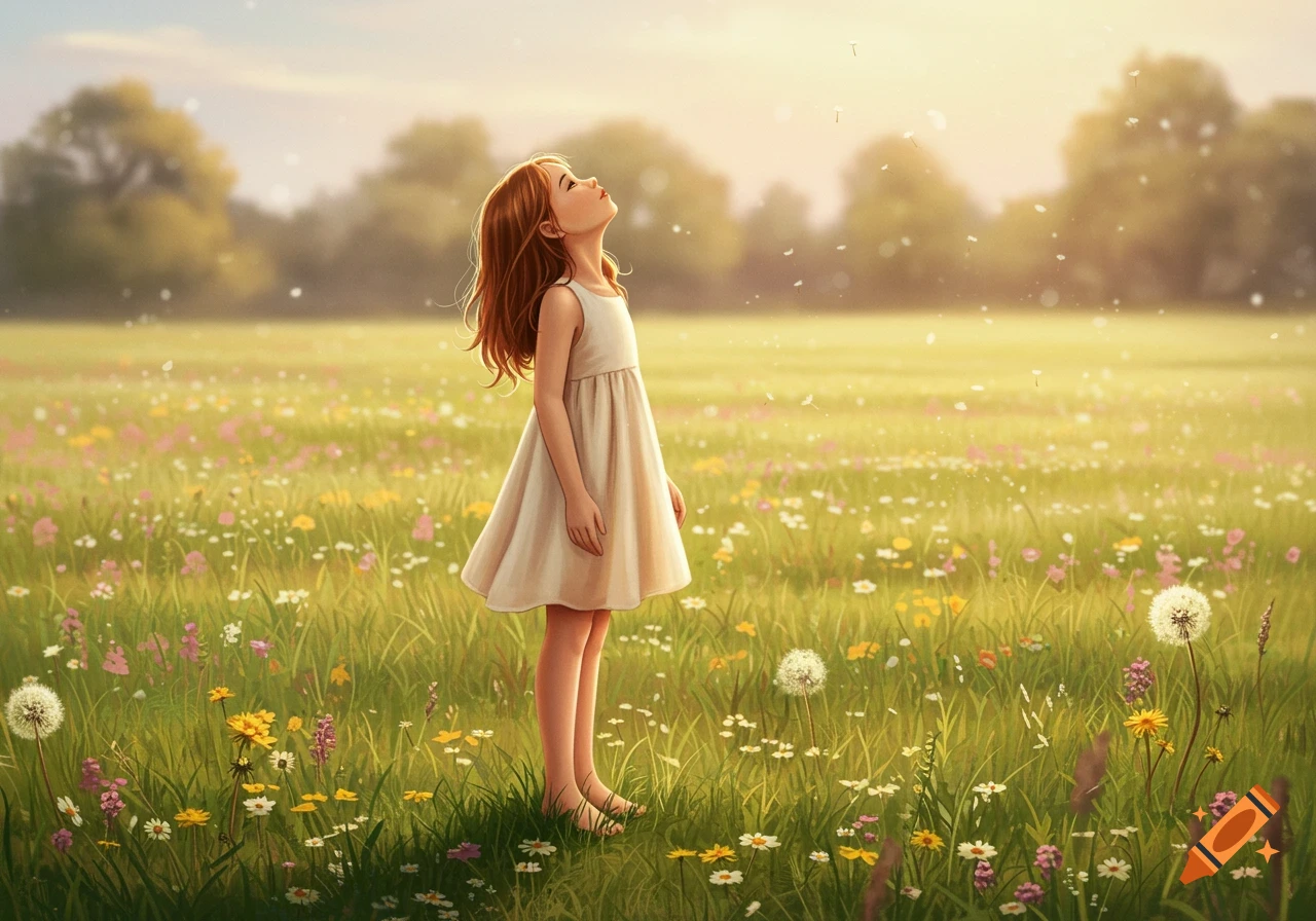 A young girl in a white dress looks up, barefoot, in a sunny, flower-filled meadow, stylized illustration.