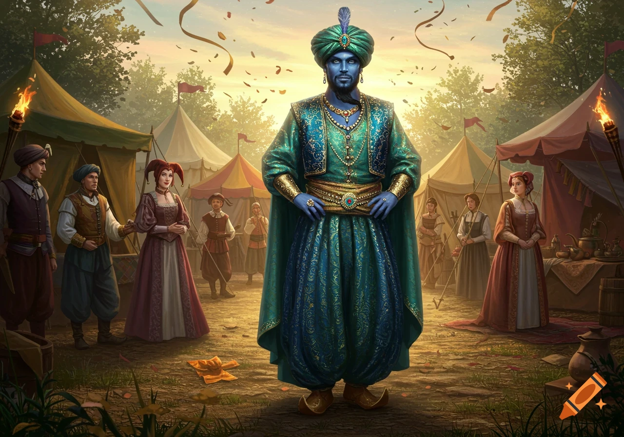 A blue-skinned genie in a magnificent turquoise and gold outfit stands at the center of a bustling Renaissance fair.