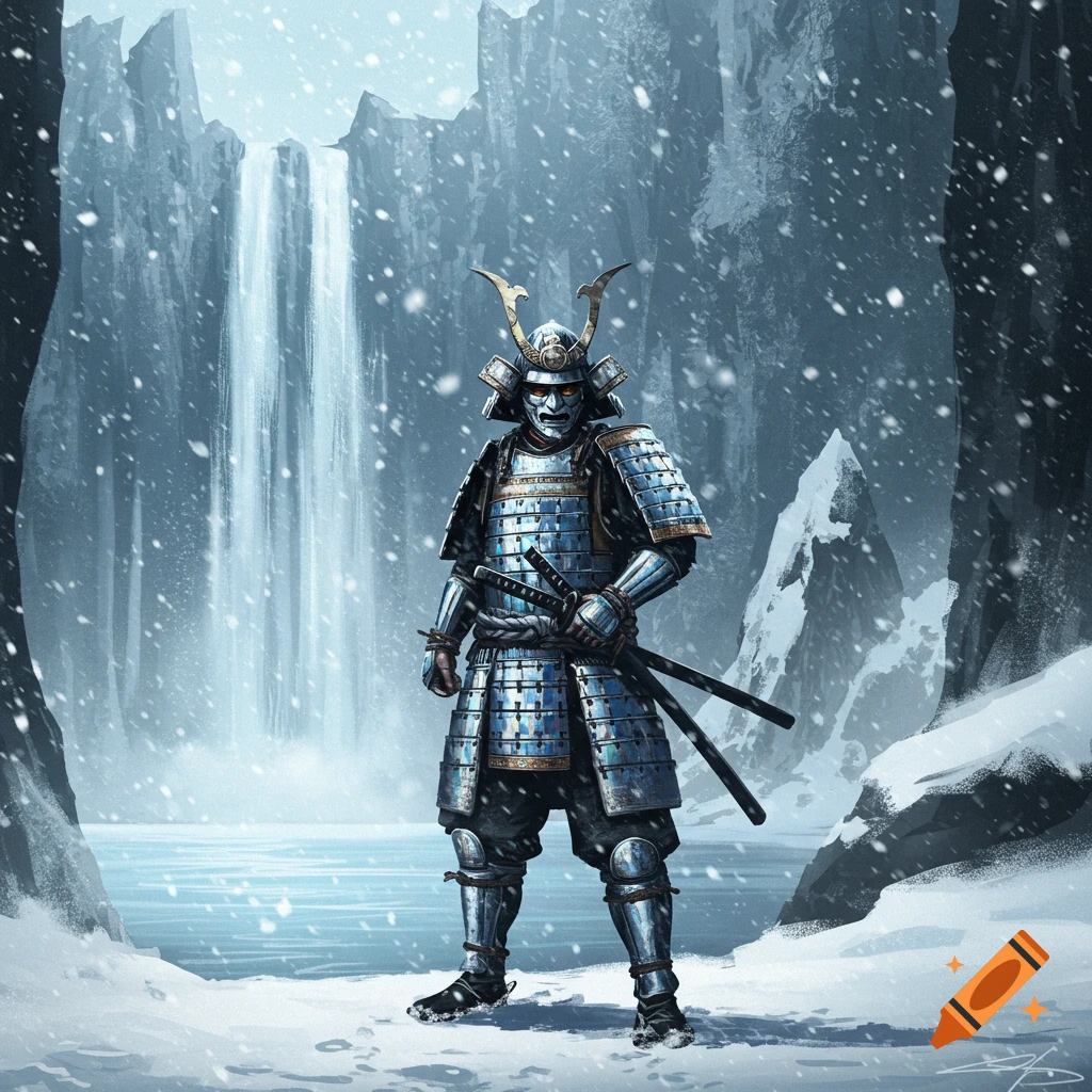 A samurai in detailed blue and gold armor stands in a snowy, icy climate with a large waterfall and mountains.