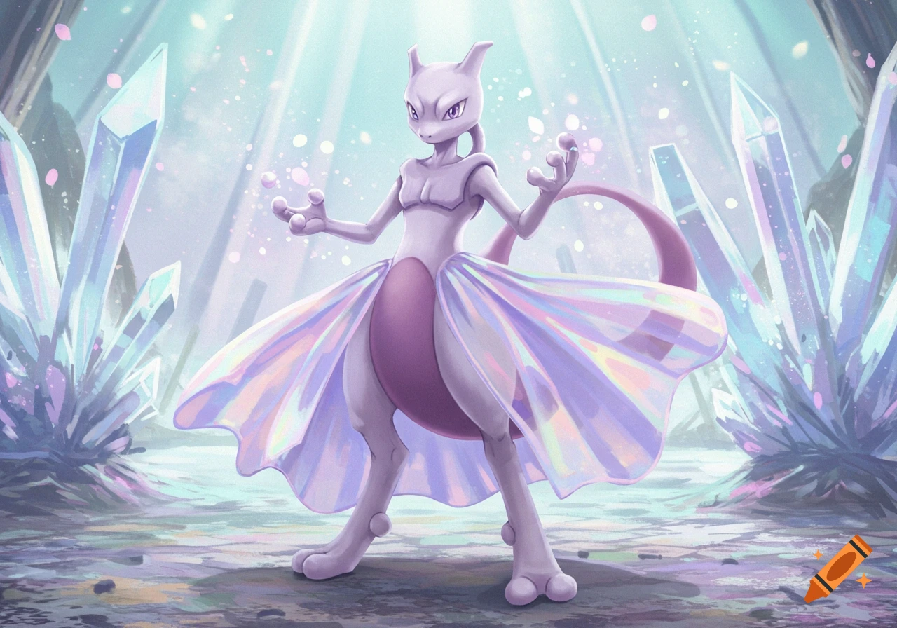 Mewtwo wearing a flowing, iridescent dress, standing amidst glowing crystals in an ethereal landscape, digital art.