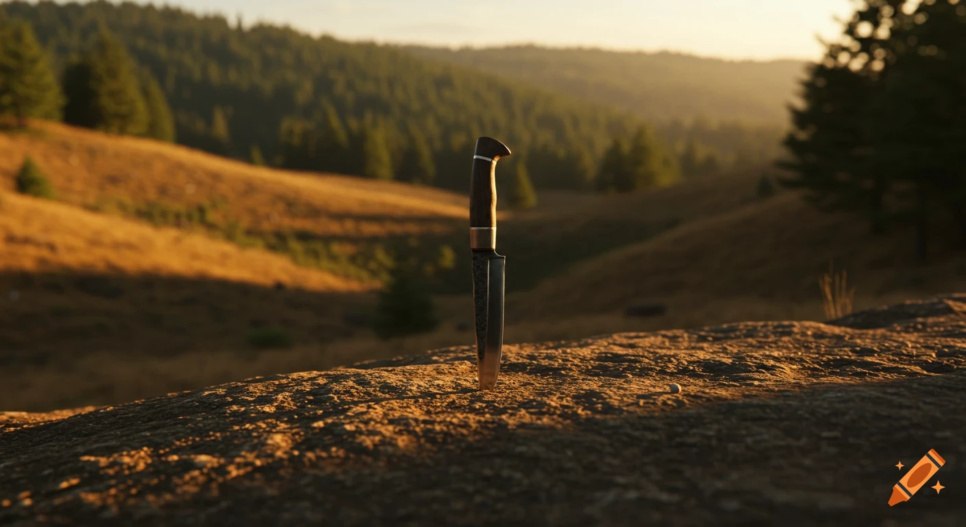 A hunting knife stuck in rocky ground on a sunlit hill with a forested background at sunset.