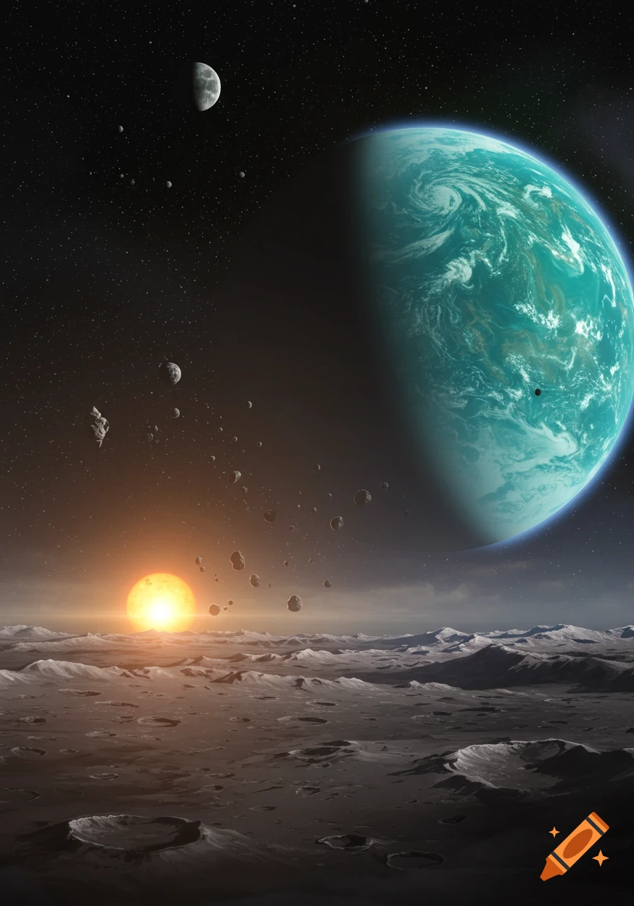 A large turquoise planet partially visible in a starry sky over a cratered moon surface, with an orange sun setting and asteroids floating nearby.