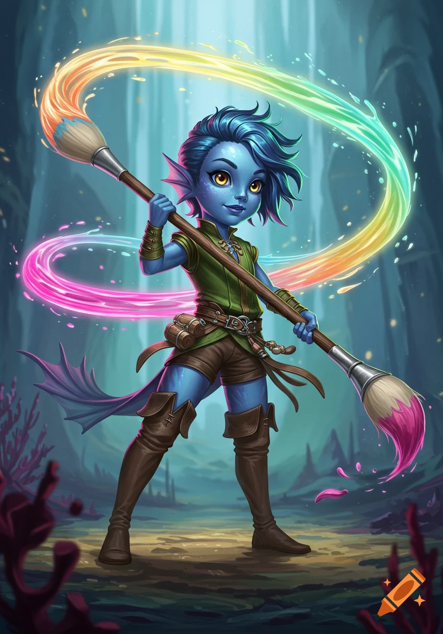 A blue-skinned sea elf with blue hair holds a giant paintbrush, creating a swirling rainbow of magical paint strokes in a vibrant fantasy digital painting.