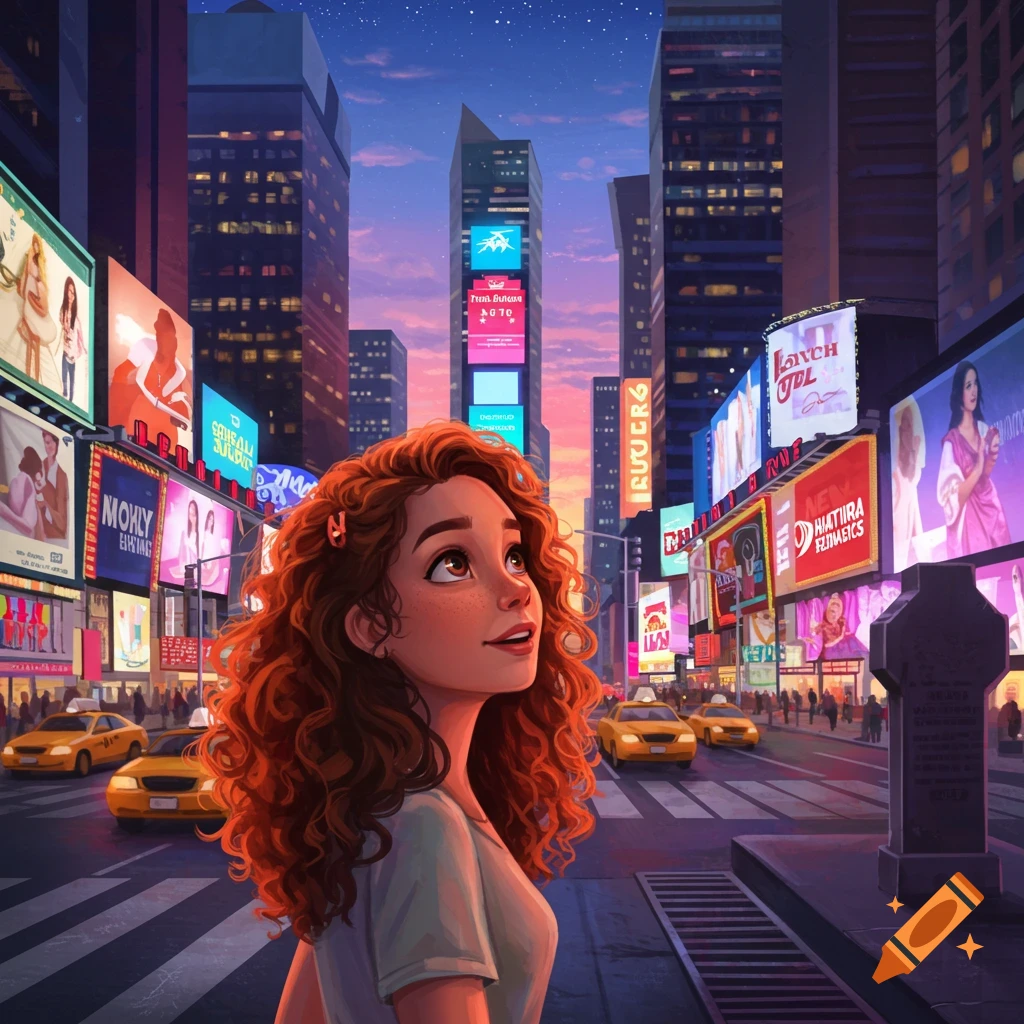 A stylized illustration of a girl with curly red hair gazing up at vibrant billboards in a New York City street at dusk.