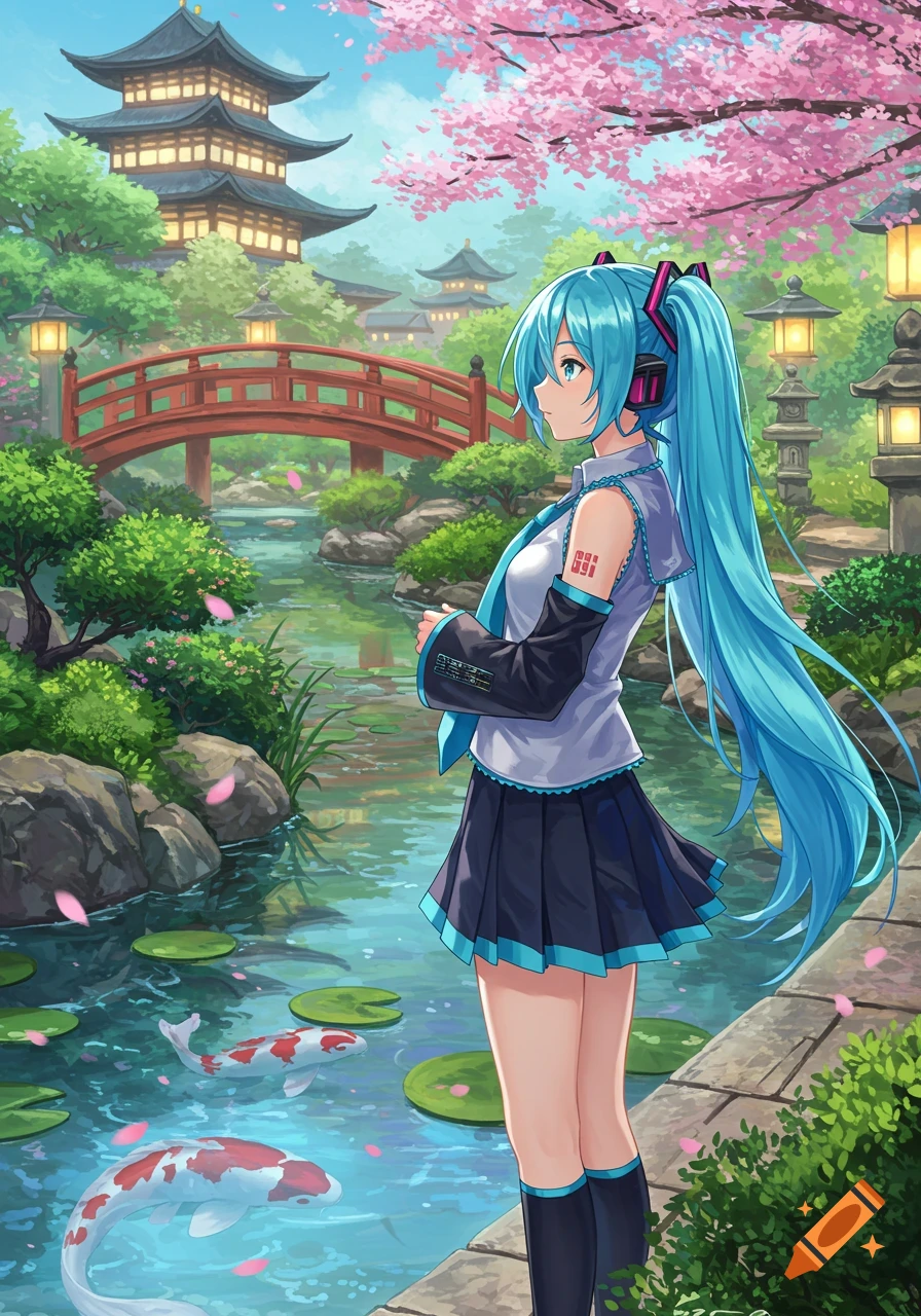An anime girl with long aqua pigtails and headphones stands in a Japanese garden with a pagoda, red bridge, cherry blossoms, and koi fish.