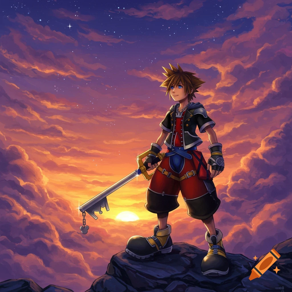 Sora from Kingdom Hearts stands on a rocky peak, holding his Keyblade, gazing at a vibrant sunset sky filled with clouds.