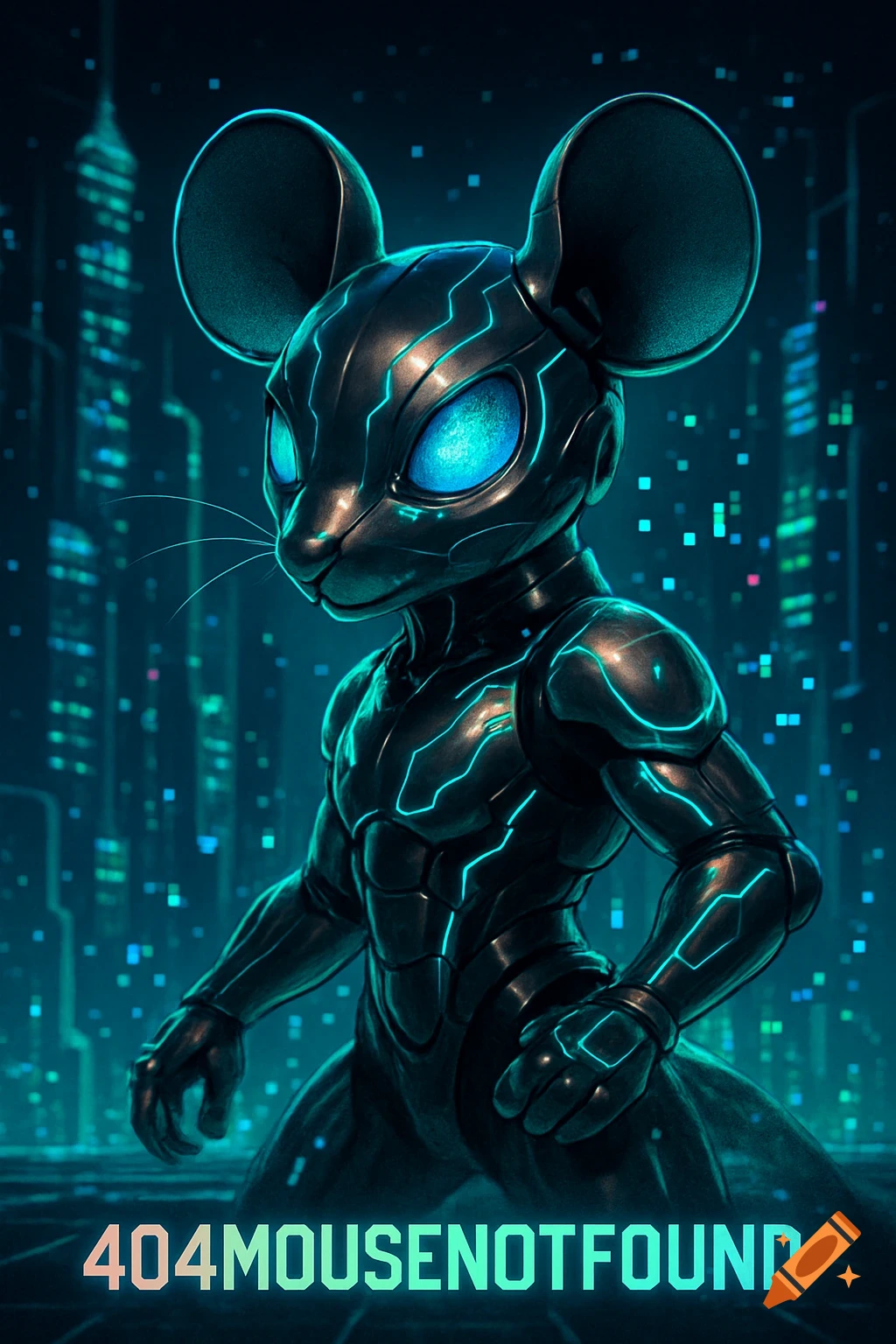 A dark, metallic cyberpunk mouse character with glowing blue eyes and circuit patterns stands in a futuristic city. Text reads '404MOUSENOTFOUND'.