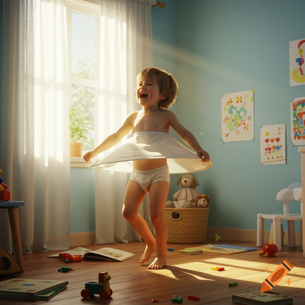 Happy child in undershorts twirling a white cloth, laughing in a sunlit room filled with toys. Photorealistic.
