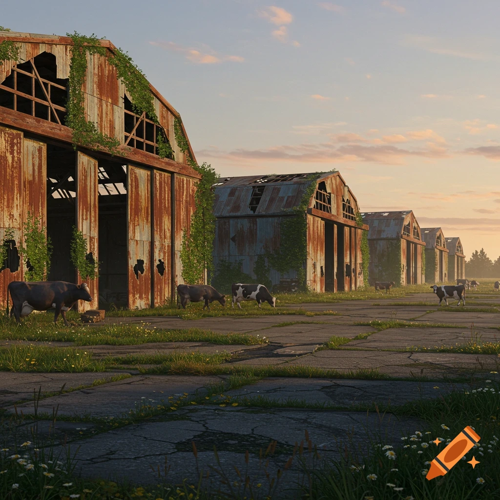 Photorealistic image of cows grazing on a cracked tarmac in front of a line of rusted, vine-covered abandoned hangars at sunset.