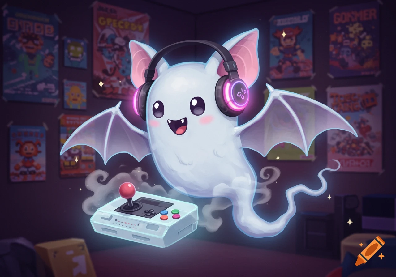 A cute cartoony ghost bat wearing glowing headphones floats above a retro video game controller in a room with pixel art posters.