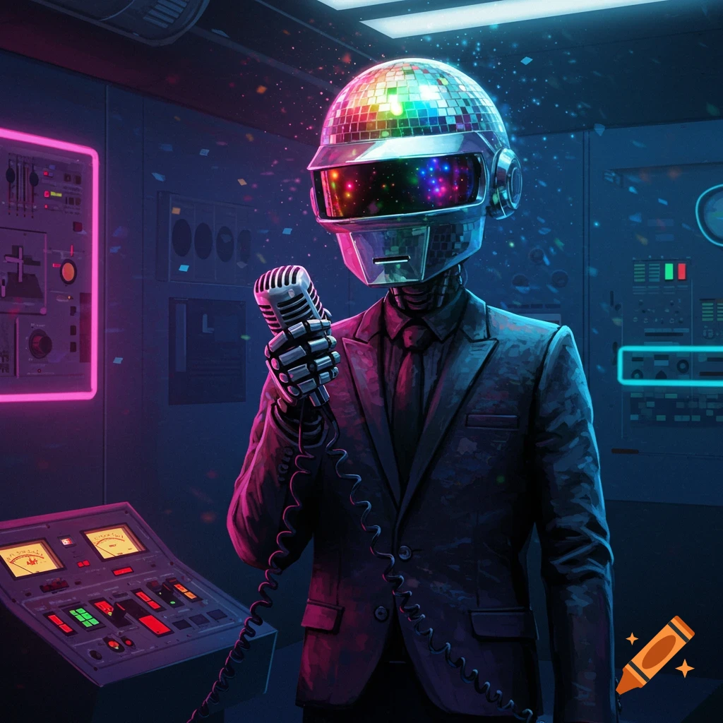 Daft Punk-style robot with a disco ball head, holding a microphone in a neon-lit futuristic control room.