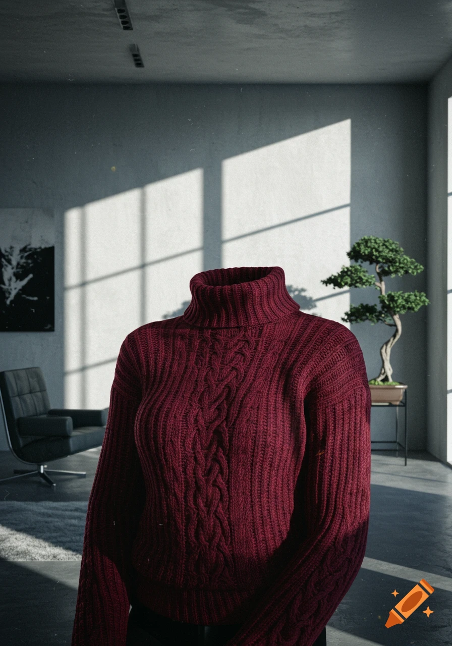 A headless figure in a maroon cable-knit turtleneck sweater stands in a modern, sunlit room with a black armchair and a bonsai tree.
