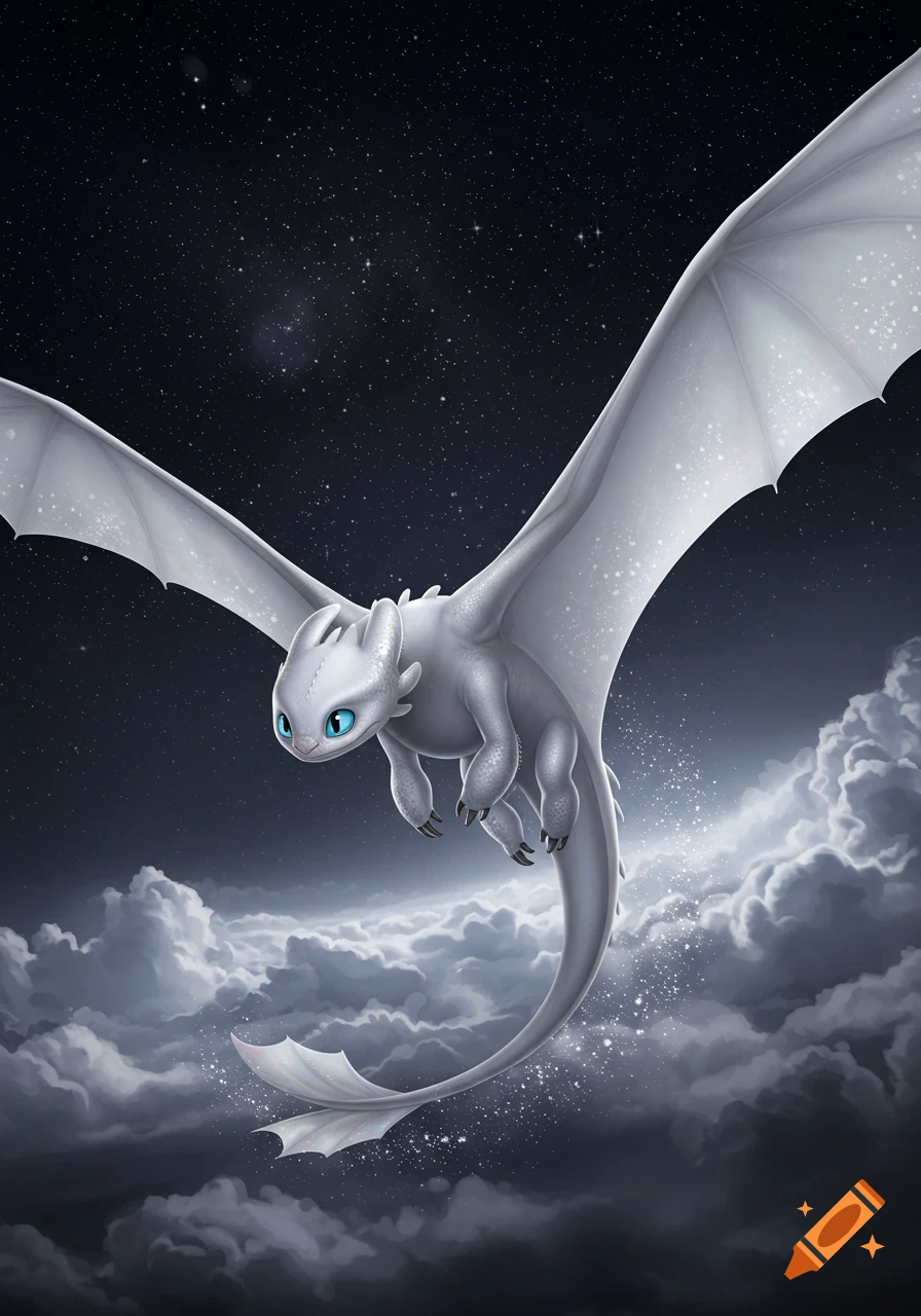 A cartoon white dragon with bright blue eyes flies through a star-filled night sky above dark clouds.