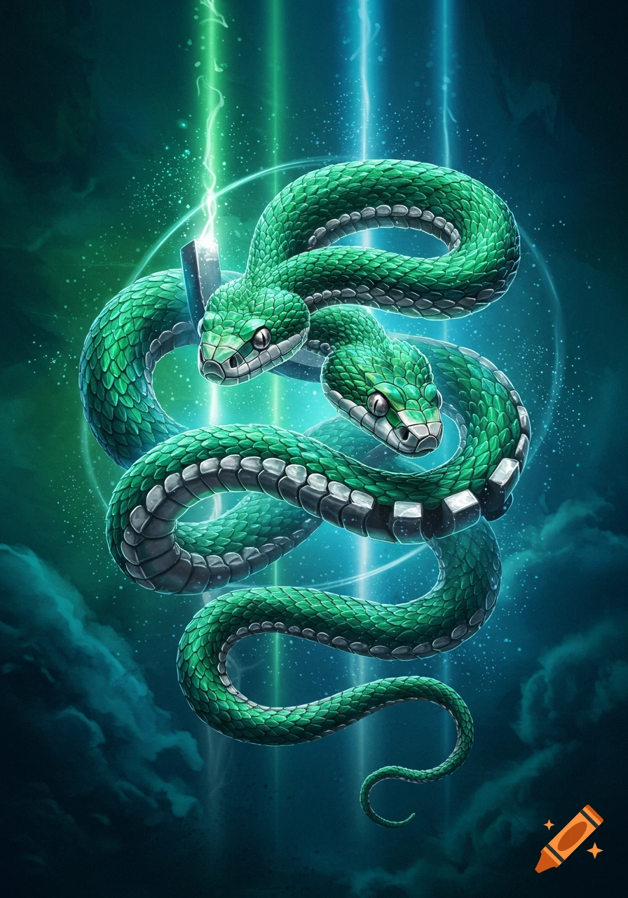 A vibrant green two-headed snake with metallic accents and glowing energy coils against a dark, magical background.