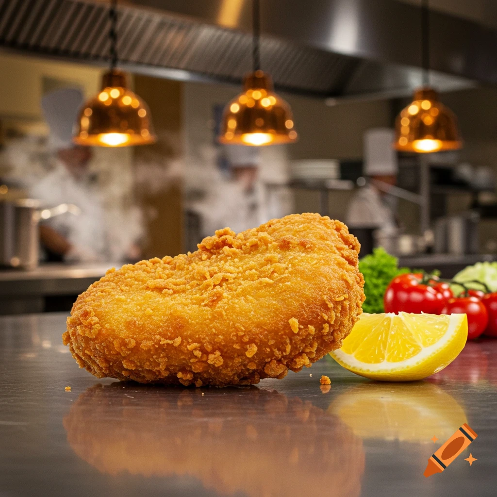 A golden-brown fried chicken piece with a lemon wedge on a metal counter in a professional kitchen.