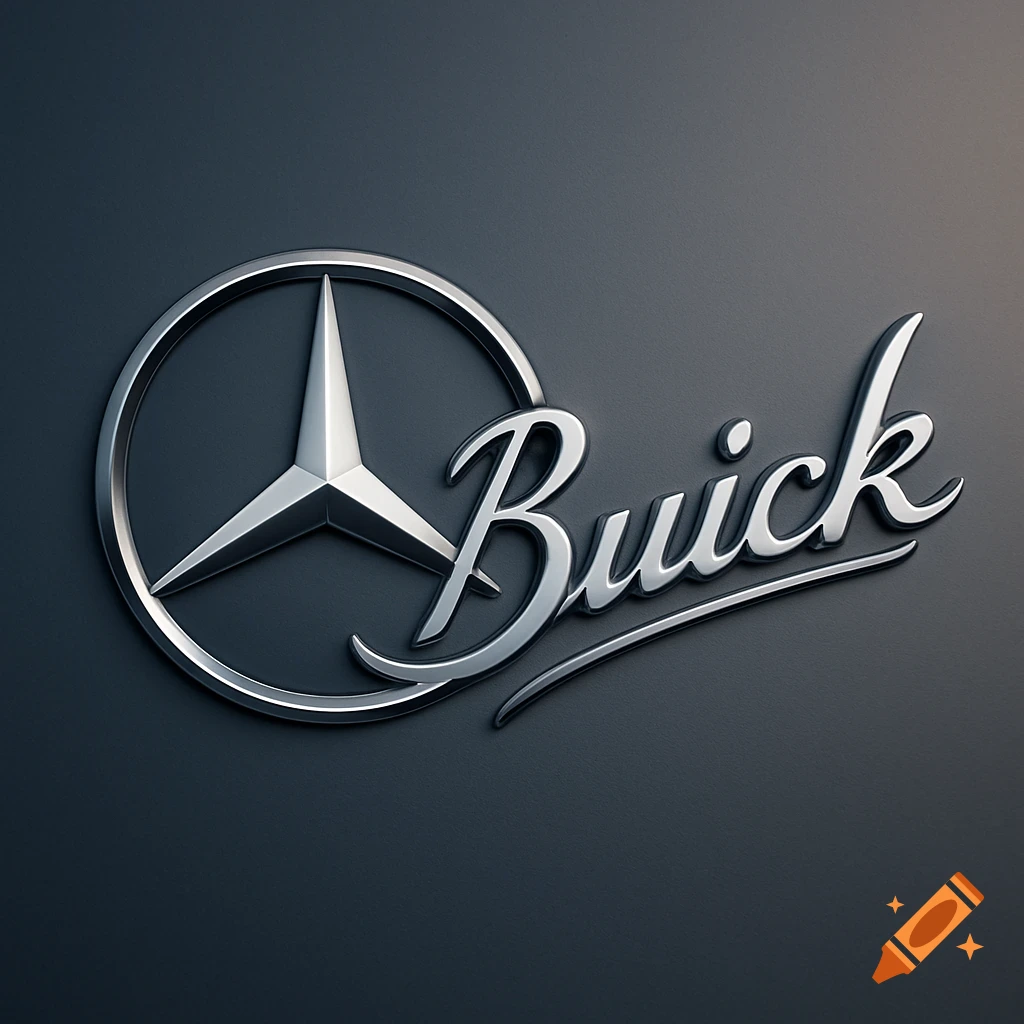 A chrome Mercedes-Benz star logo combined with a cursive chrome 'Buick' text on a dark gray background.