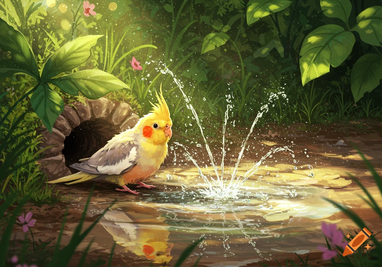 Vibrant illustration of a yellow cockatiel splashing in a puddle next to a stone anthill in lush greenery.