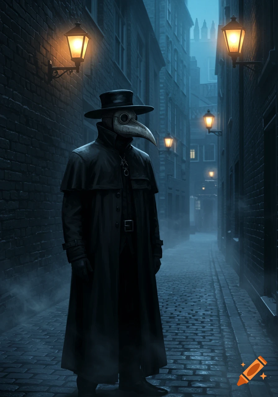 A man in a black trenchcoat, wide-brimmed hat, and a plague doctor mask stands in a foggy, cobblestone alley lit by gas lamps at night in a photorealistic style.