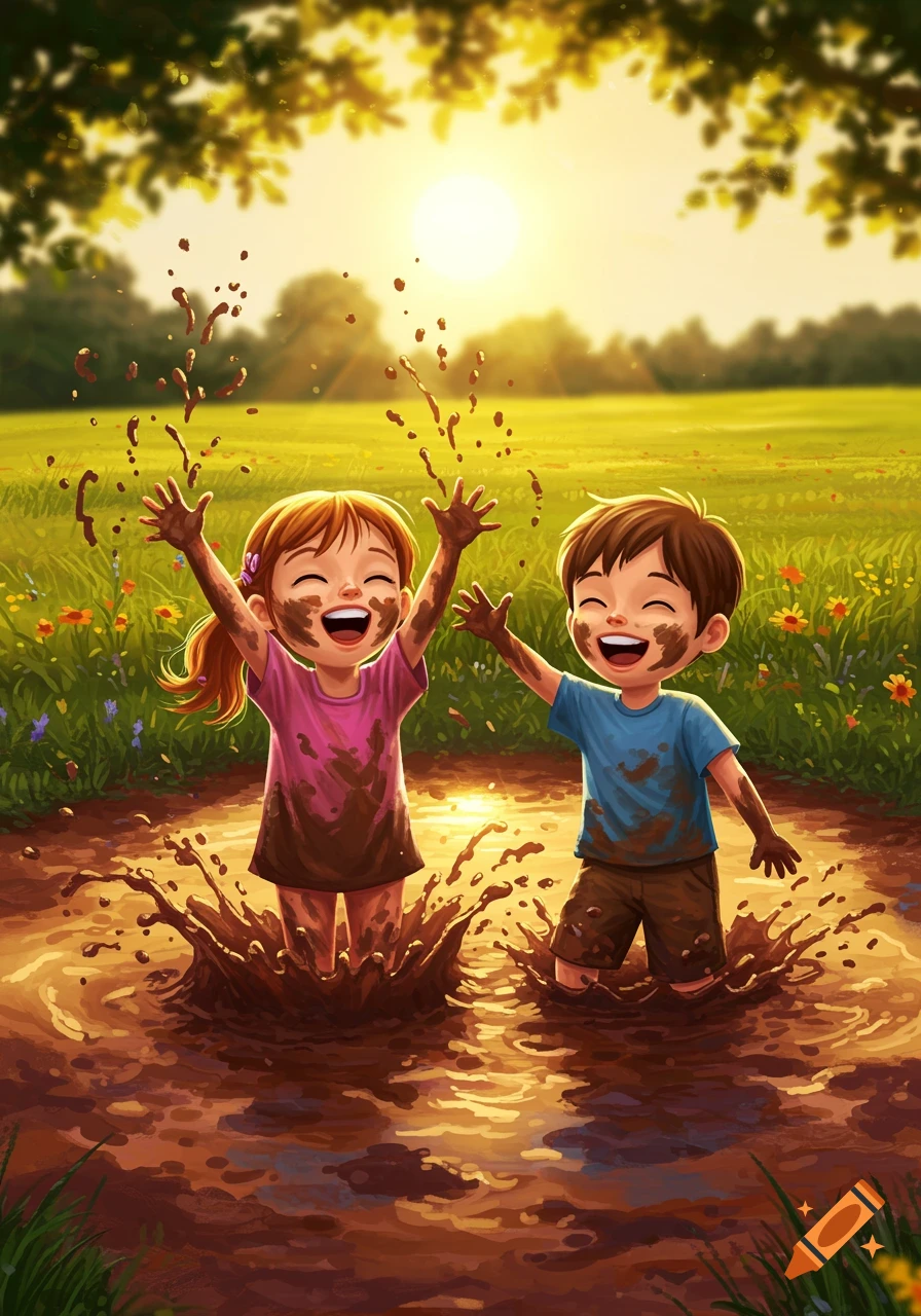 Two happy children, a boy and a girl, joyfully splash in a mud puddle in a sunny outdoor field, depicted in a vibrant illustration.
