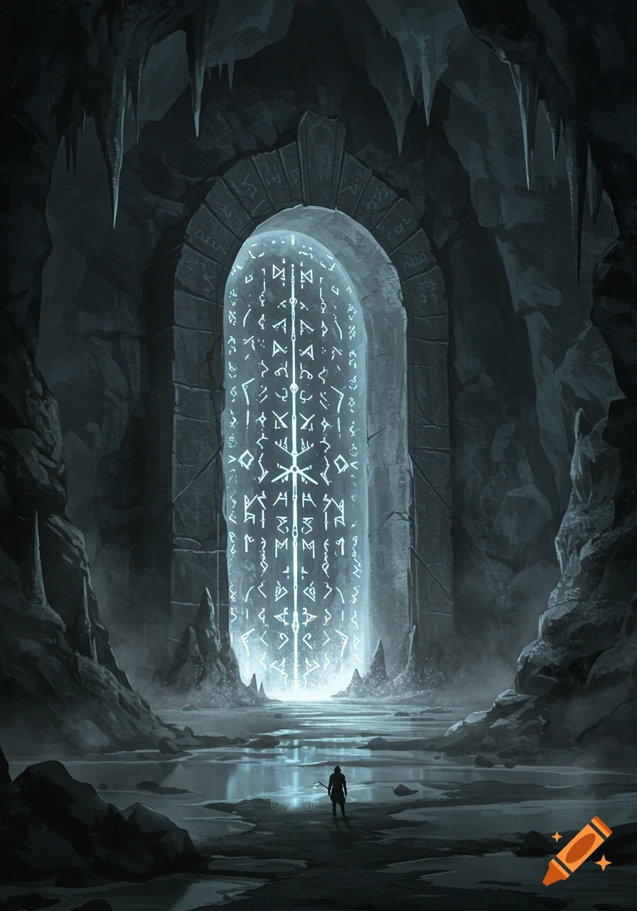 A small figure stands before a glowing runic portal within a dark, icy cave, digital painting.