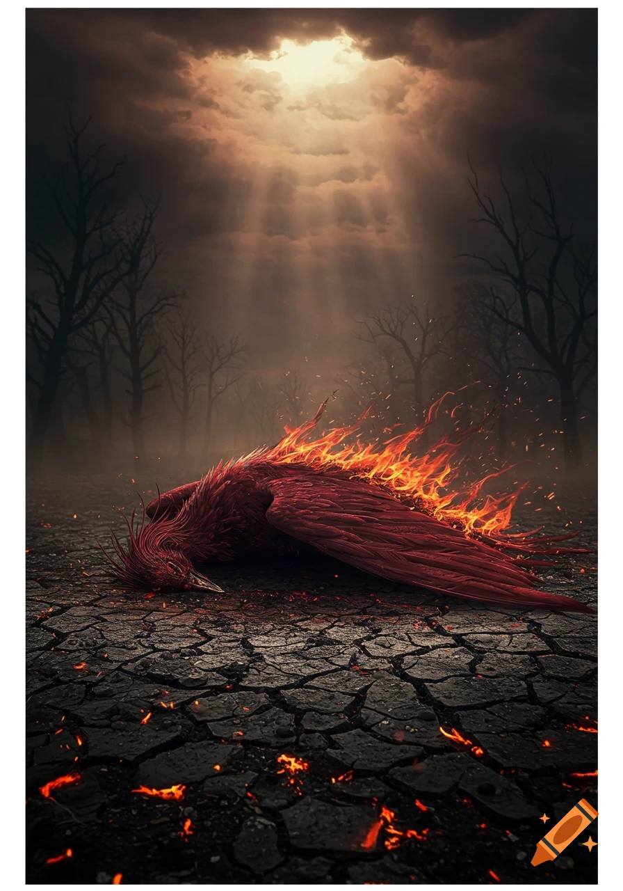 A dead red phoenix, aflame, lies on cracked earth under a dark, stormy sky with light rays breaking through, surrounded by bare trees.