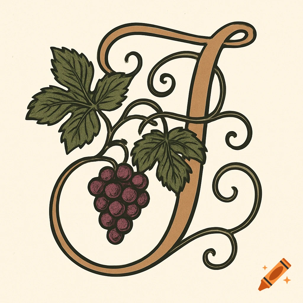 Ornate vintage letter J with grape vines and leaves in a three-color illustration.