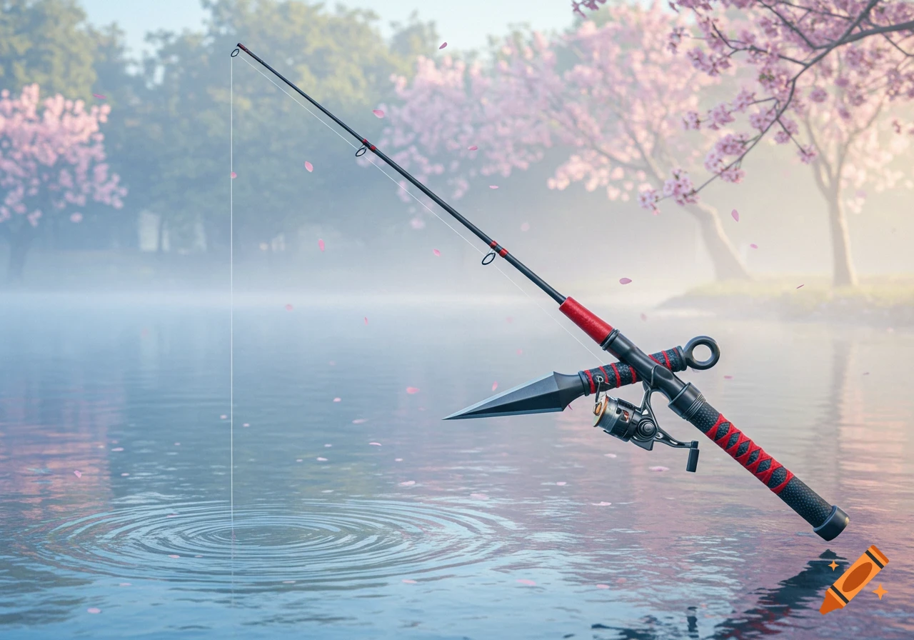 A fishing rod combined with a kunai, casting a line into a misty lake surrounded by cherry blossom trees.
