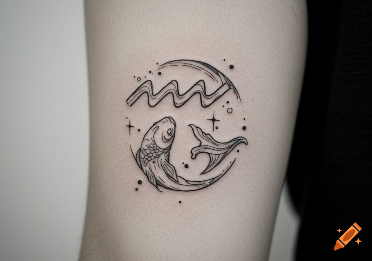 A black line-art tattoo of a fish and wavy lines (Pisces and Aquarius symbols) within a circle on skin.