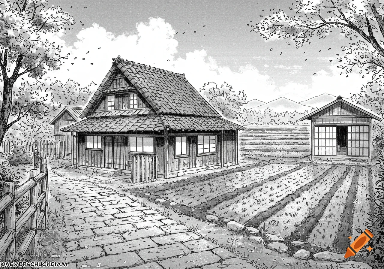 Manga-style black and white drawing of a traditional Japanese farmhouse with fields, a stone path, and rural landscape.