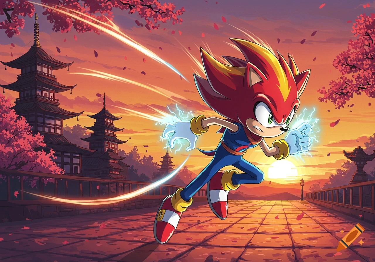 A red and yellow hedgehog-like character runs with electrical energy in a vibrant anime style, with Japanese pagodas and cherry blossoms at sunset.