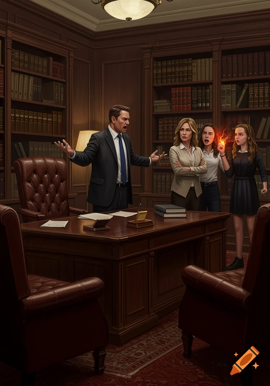 A man yells at two women and a girl with glowing hands in a detailed, wood-paneled lawyer's office with bookshelves.