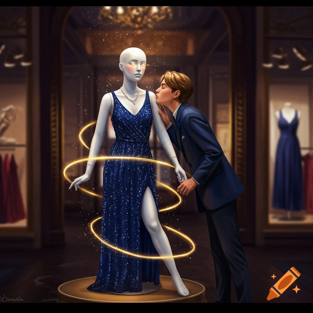 An illustration of a young man kissing a mannequin in a sparkling blue dress, as golden magic swirls around her in a luxurious boutique.