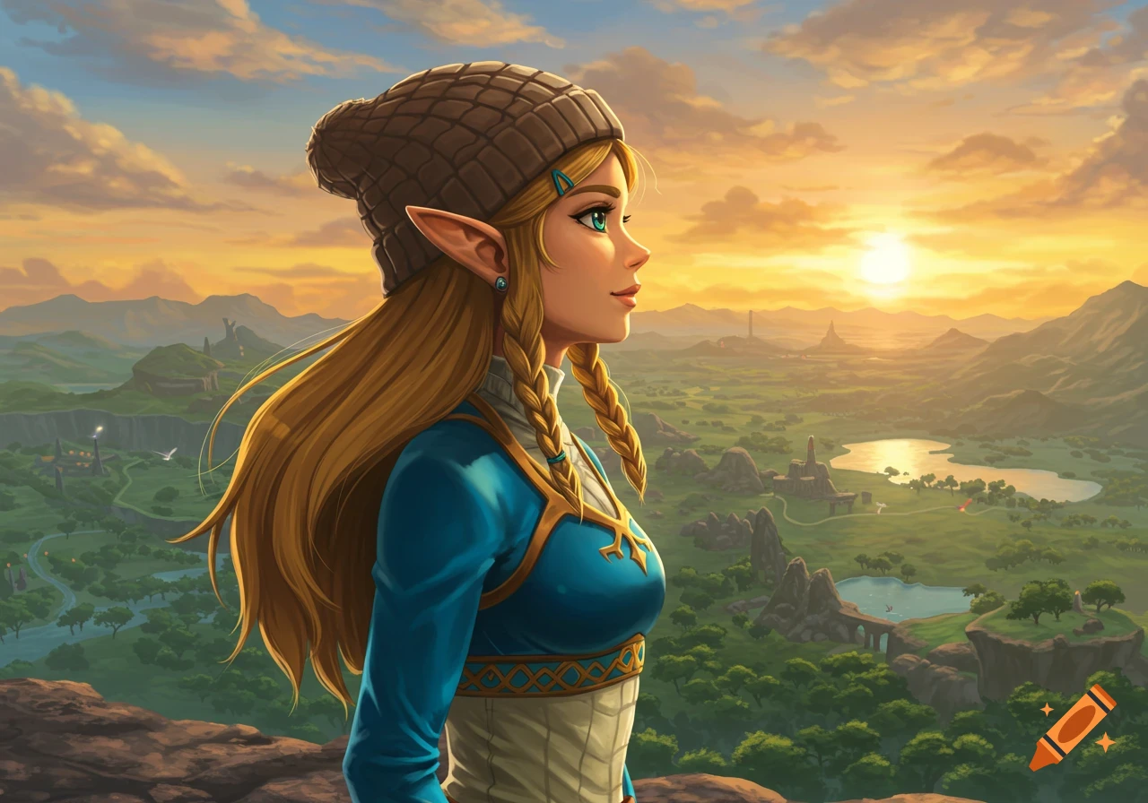 Princess Zelda wearing a beanie on a cliff, looking over a vast green fantasy landscape at sunset, illustrated.