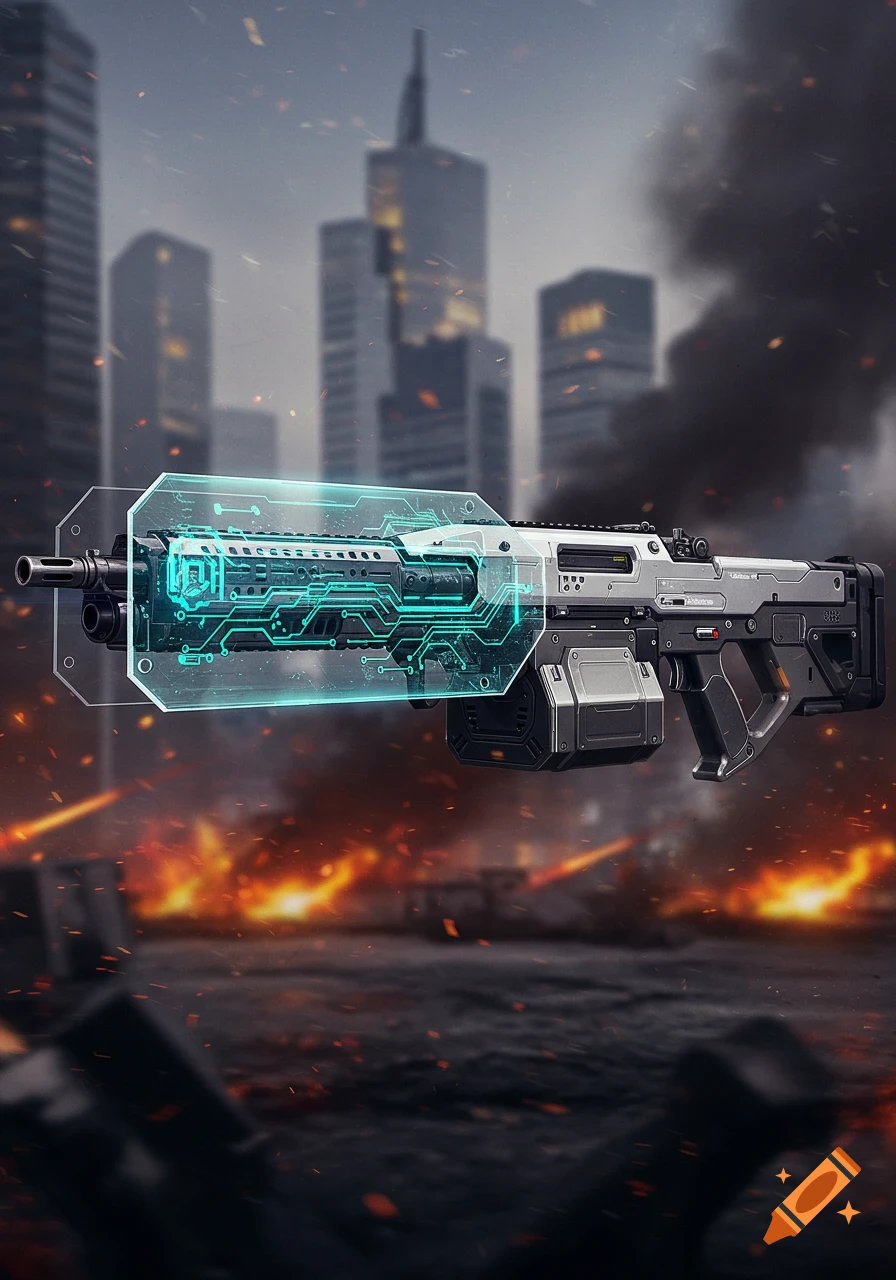 A futuristic machine gun with a glowing blue circuit board shield, set against a blurred background of a burning city.