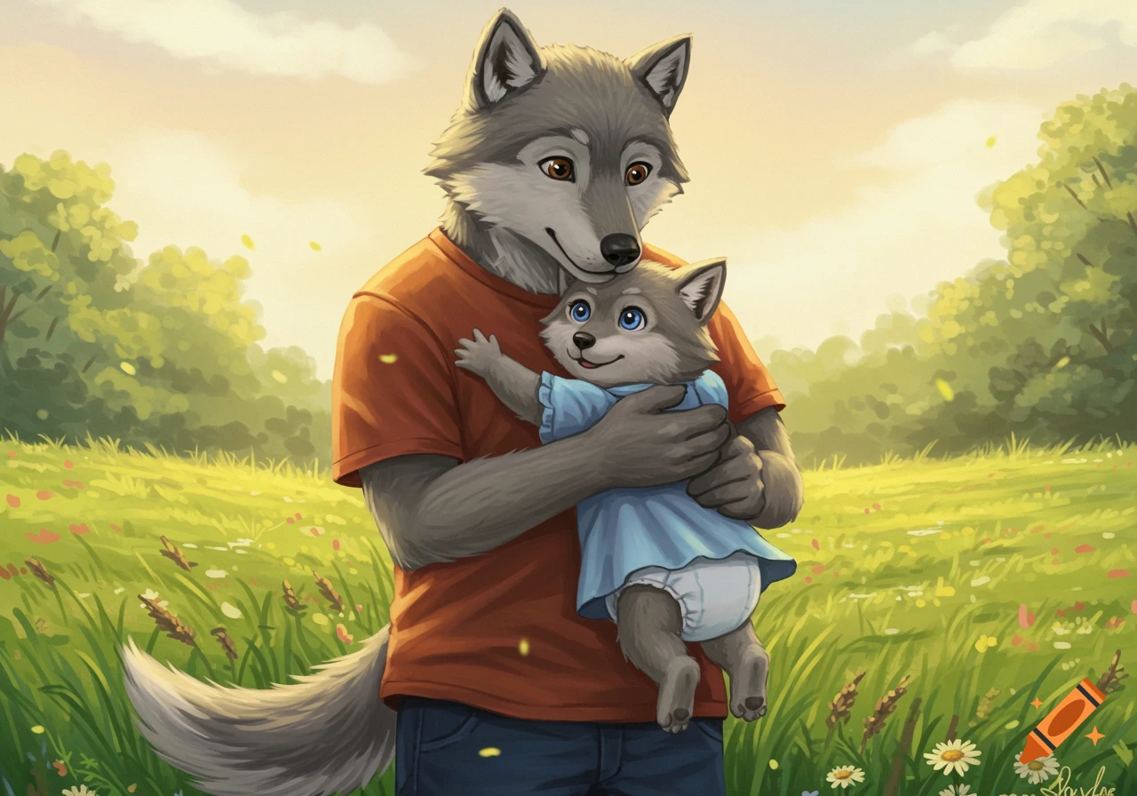 An anthropomorphic gray wolf lovingly holds a baby wolf in a blue dress and diaper in a sunny meadow.