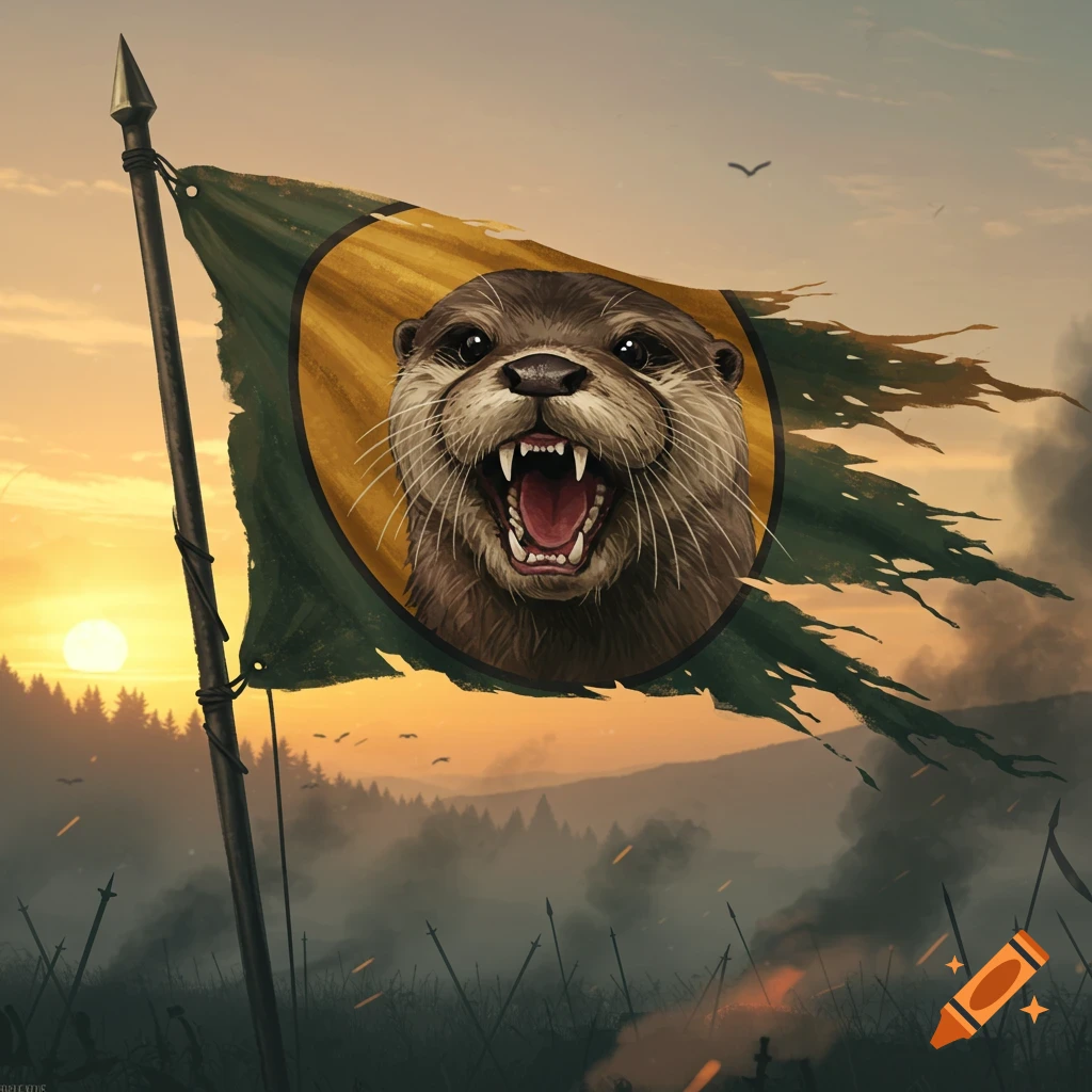 A tattered medieval flag with a roaring otter head on a gold circle, set against a battlefield sunset with spears and smoke.