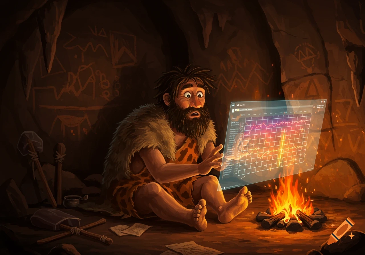 A cartoon caveman, surprised, looks at a glowing, transparent spreadsheet screen in a cave next to a campfire.