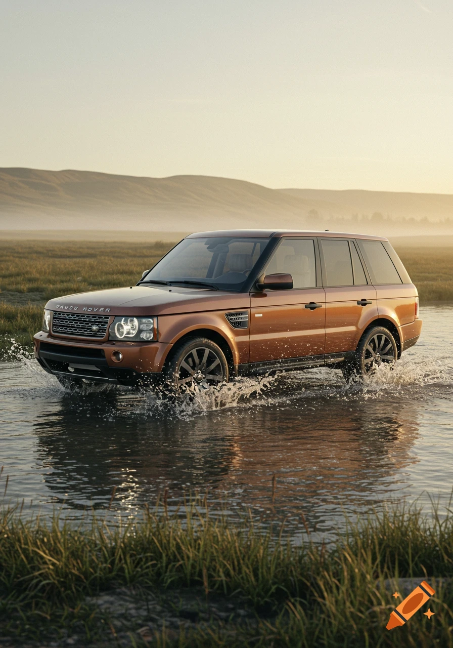 Photorealistic bronze Range Rover driving through shallow water, splashing, in a misty, grassy landscape at sunrise.