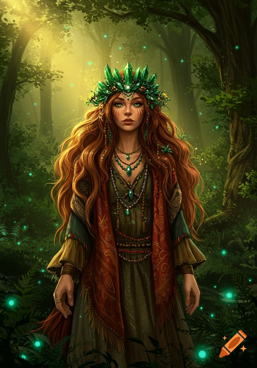 A fantasy illustration of a hippie witch with long red hair, green eyes, and an emerald crown, standing in a lush, glowing forest.