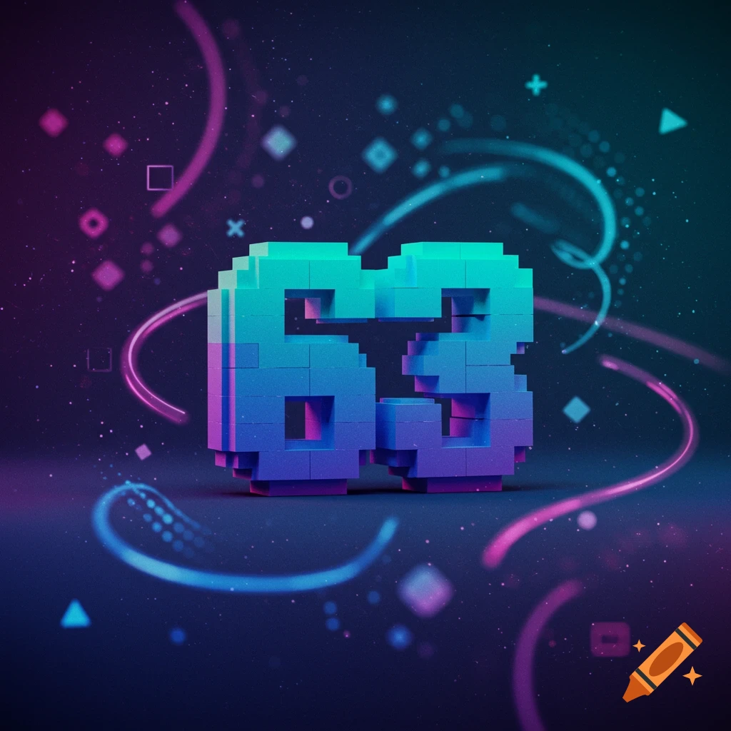 A pixelated number 63 in blue and purple tones, surrounded by glowing abstract lines and shapes on a dark, starry background.