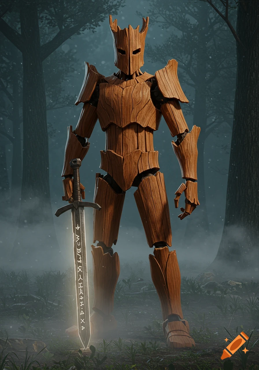 A humanoid warrior figure made of wood armor holds a glowing runic sword in a misty, dark forest.