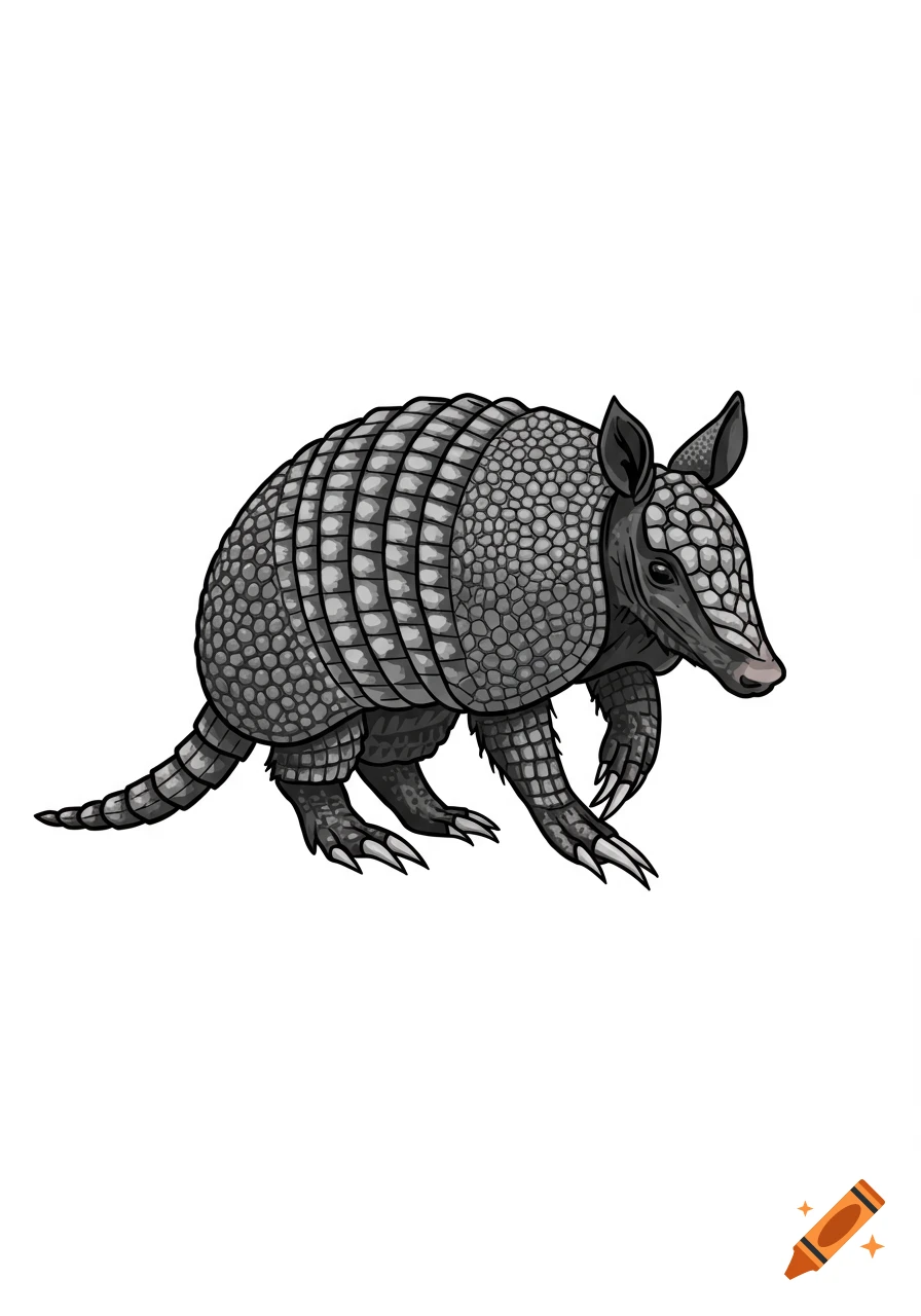 A stylized black and white clip art illustration of an armadillo with a textured shell.